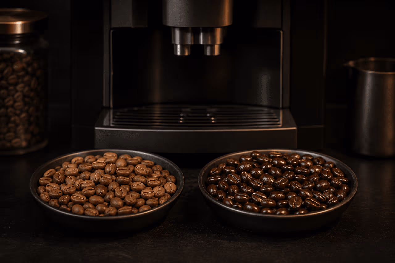 Comparaison entre des grains de café mats et des grains brillants près d’une machine automatique