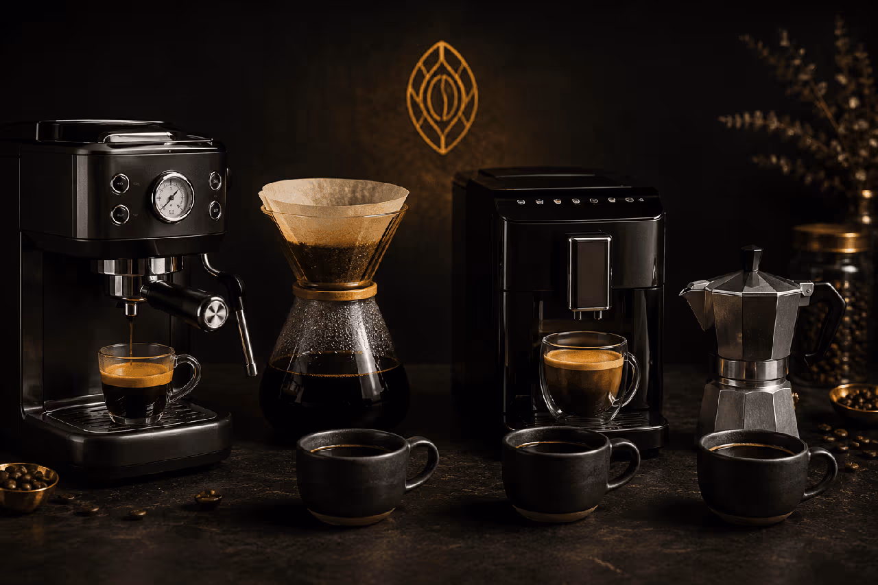 Cafés Gemmari préparés avec une machine à espresso, une cafetière filtre, une machine automatique et une moka