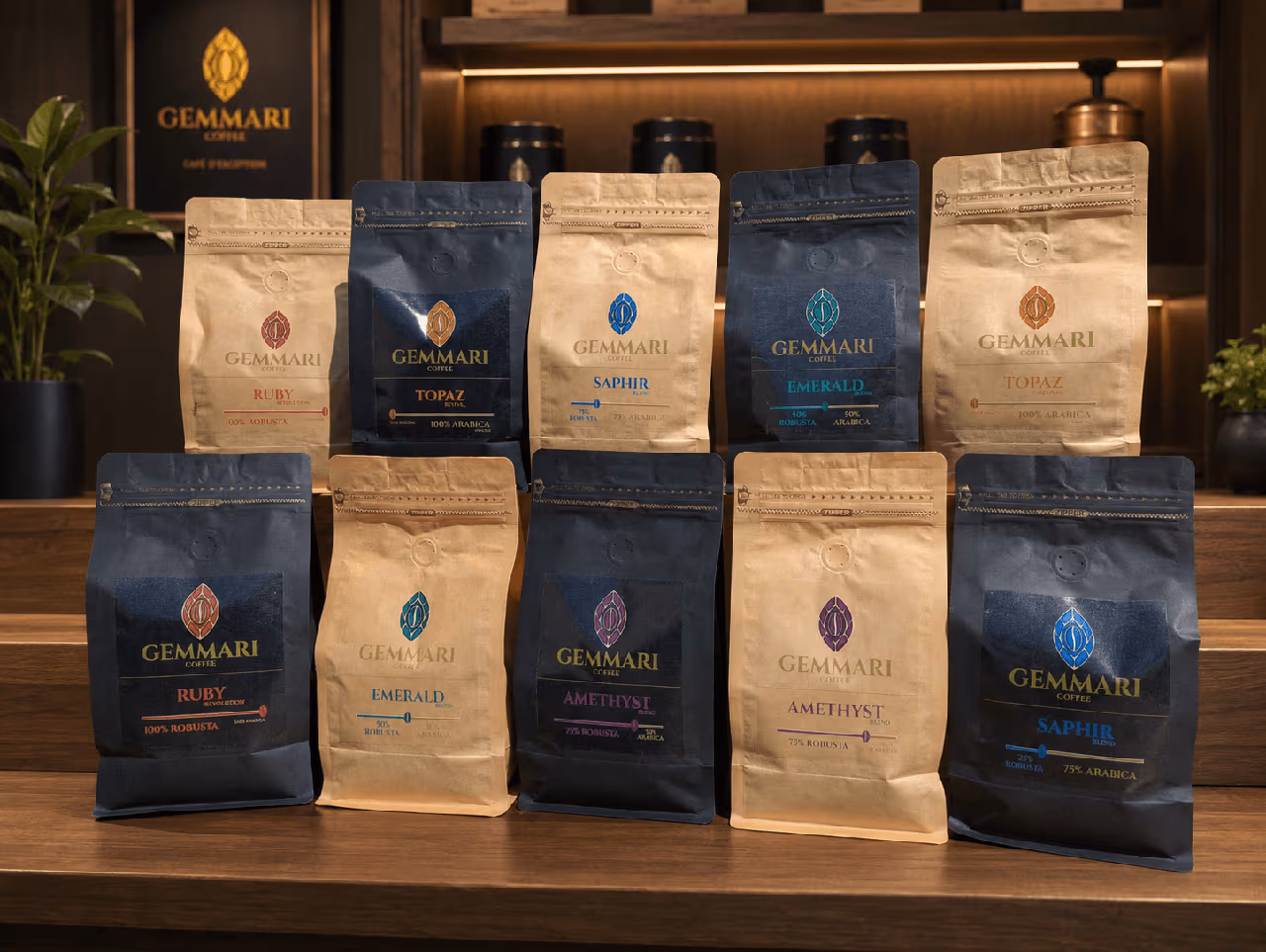 Gamme de dix cafés Gemmari présentée sur un présentoir en bois, dans une ambiance de boutique chaleureuse et haut de gamme.