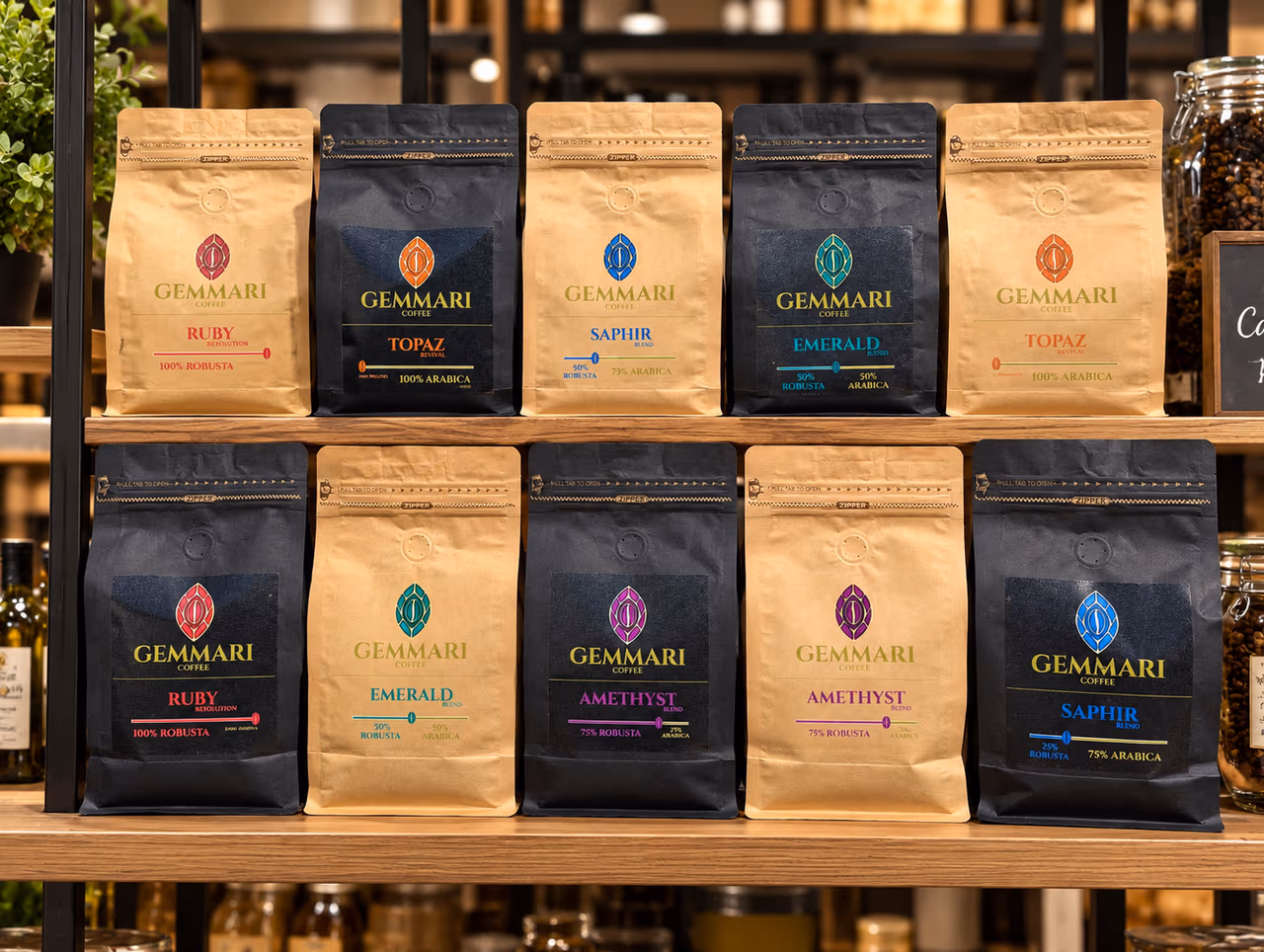 Sachets de cafés Gemmari présentés dans une épicerie