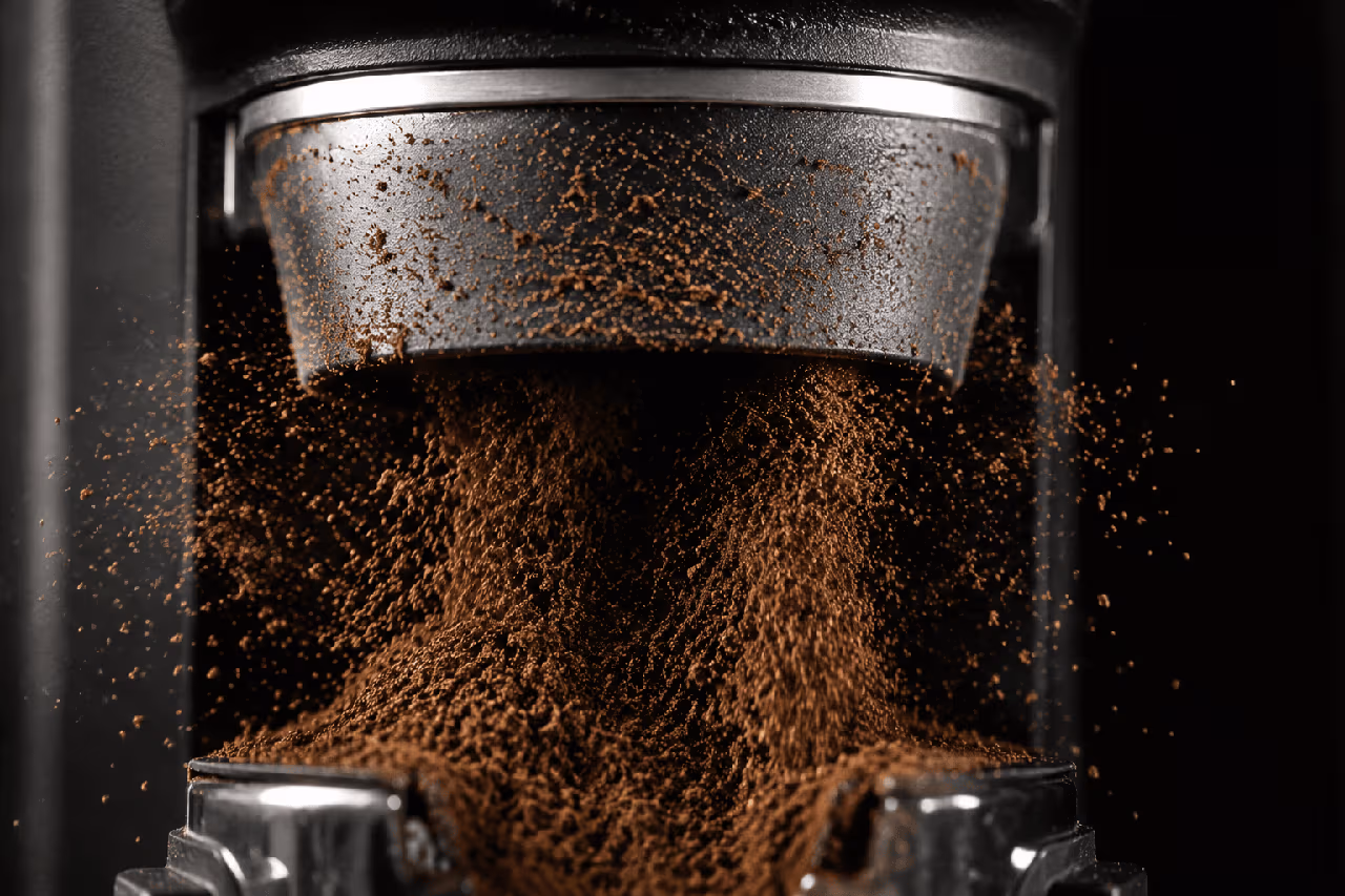 Café moulu chargé d’électricité statique autour de la sortie d’un moulin