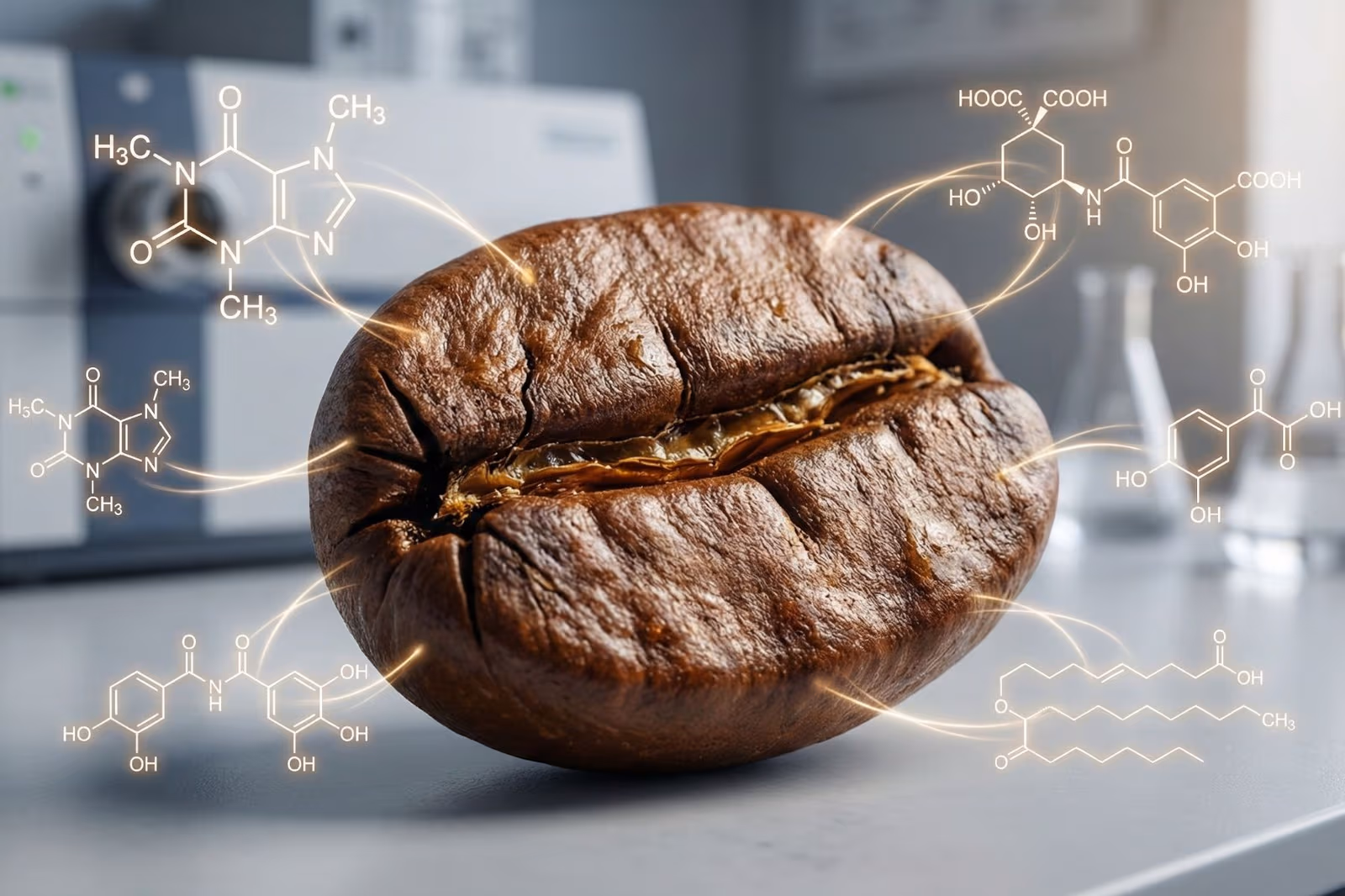 Grain de café illustré avec des formules chimiques évoquant la complexité aromatique du café