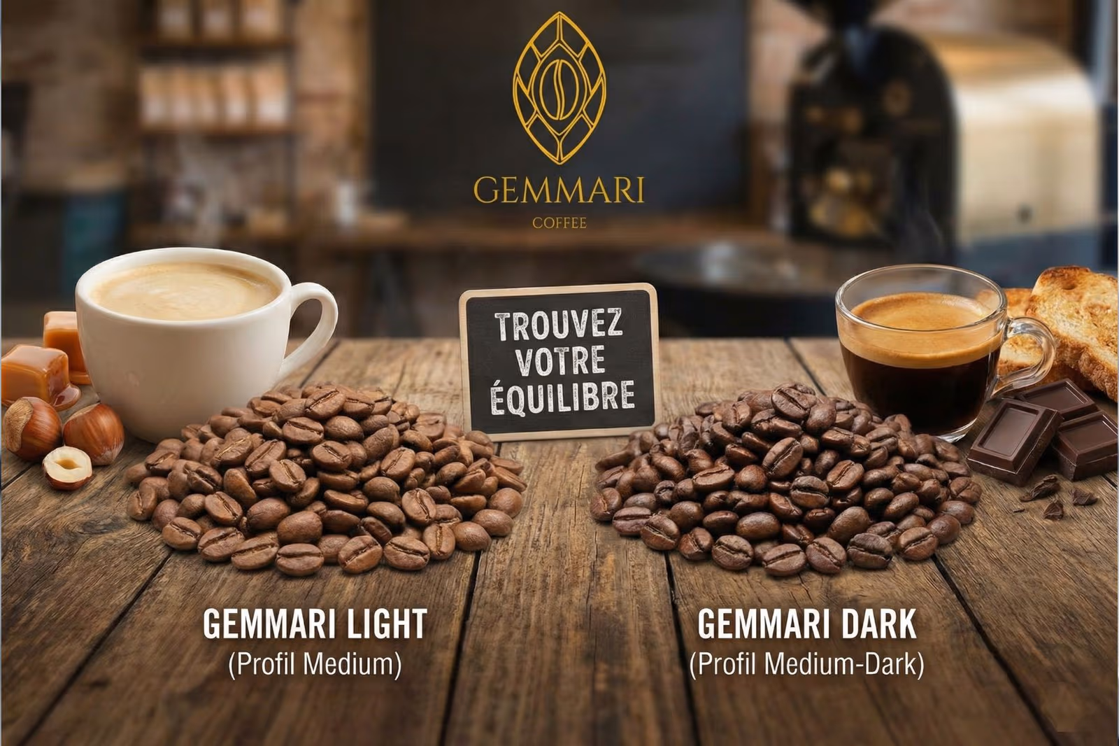 Comparaison entre les profils de café Gemmari Light et Dark autour d’une tasse claire et d’un espresso