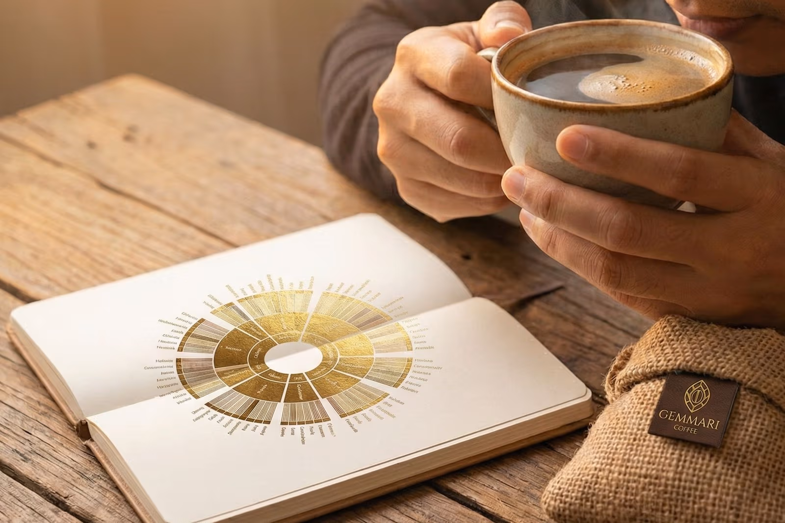 Carnet de dégustation avec roue des saveurs et tasse de café