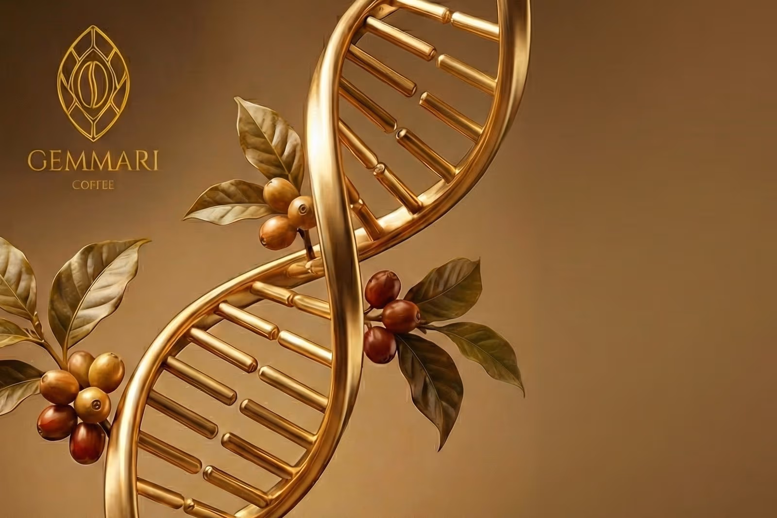 Grain de café entouré d’une double hélice d’ADN végétale