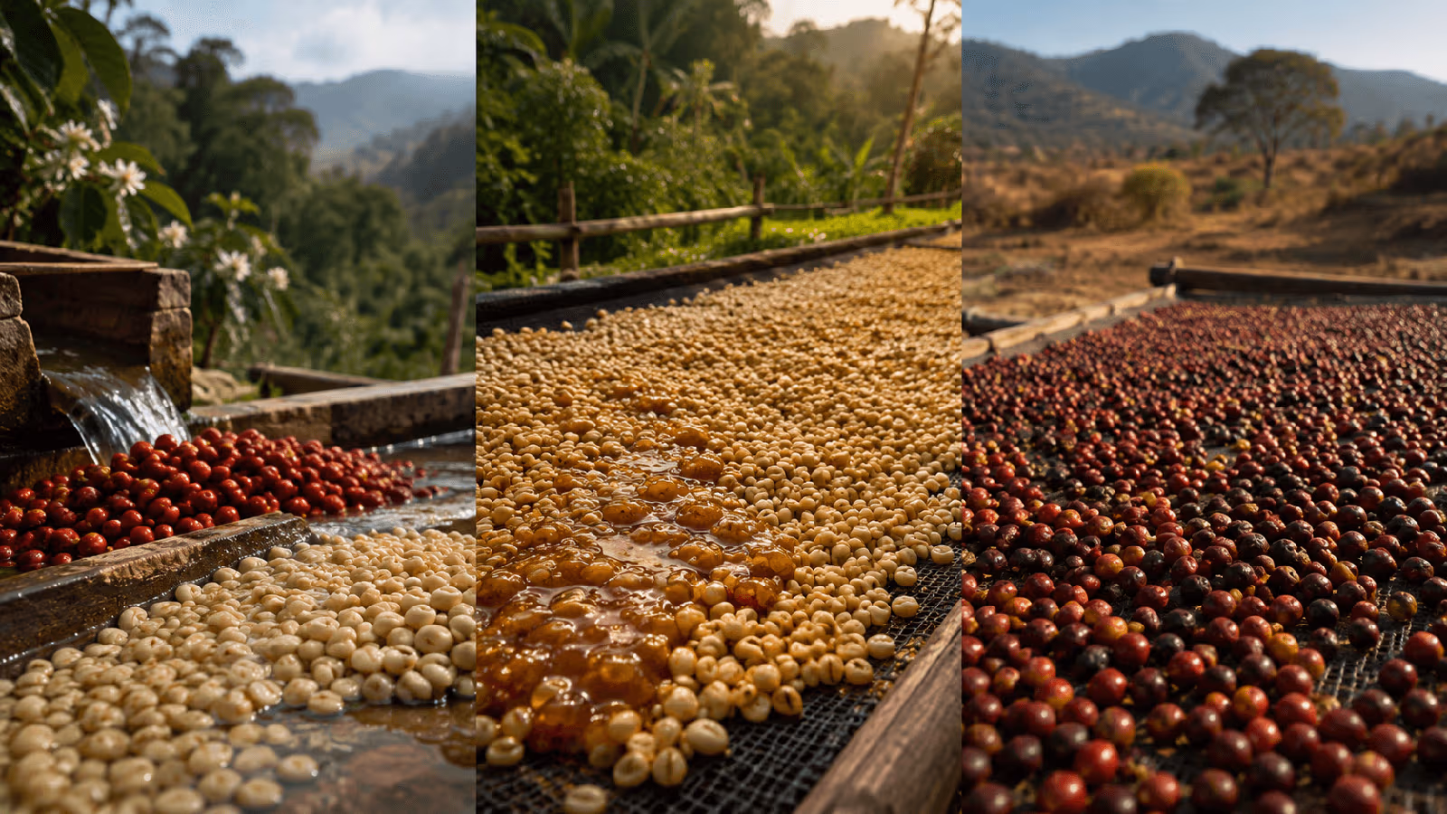 Comparaison visuelle des procédés lavé, honey et naturel appliqués aux cerises de café