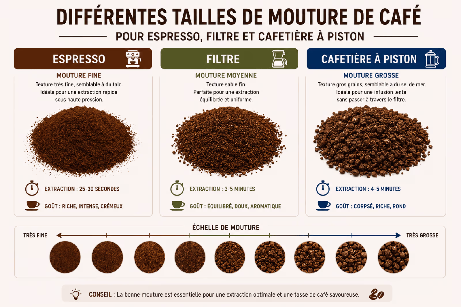 Différentes tailles de mouture de café pour espresso, filtre et cafetière à piston