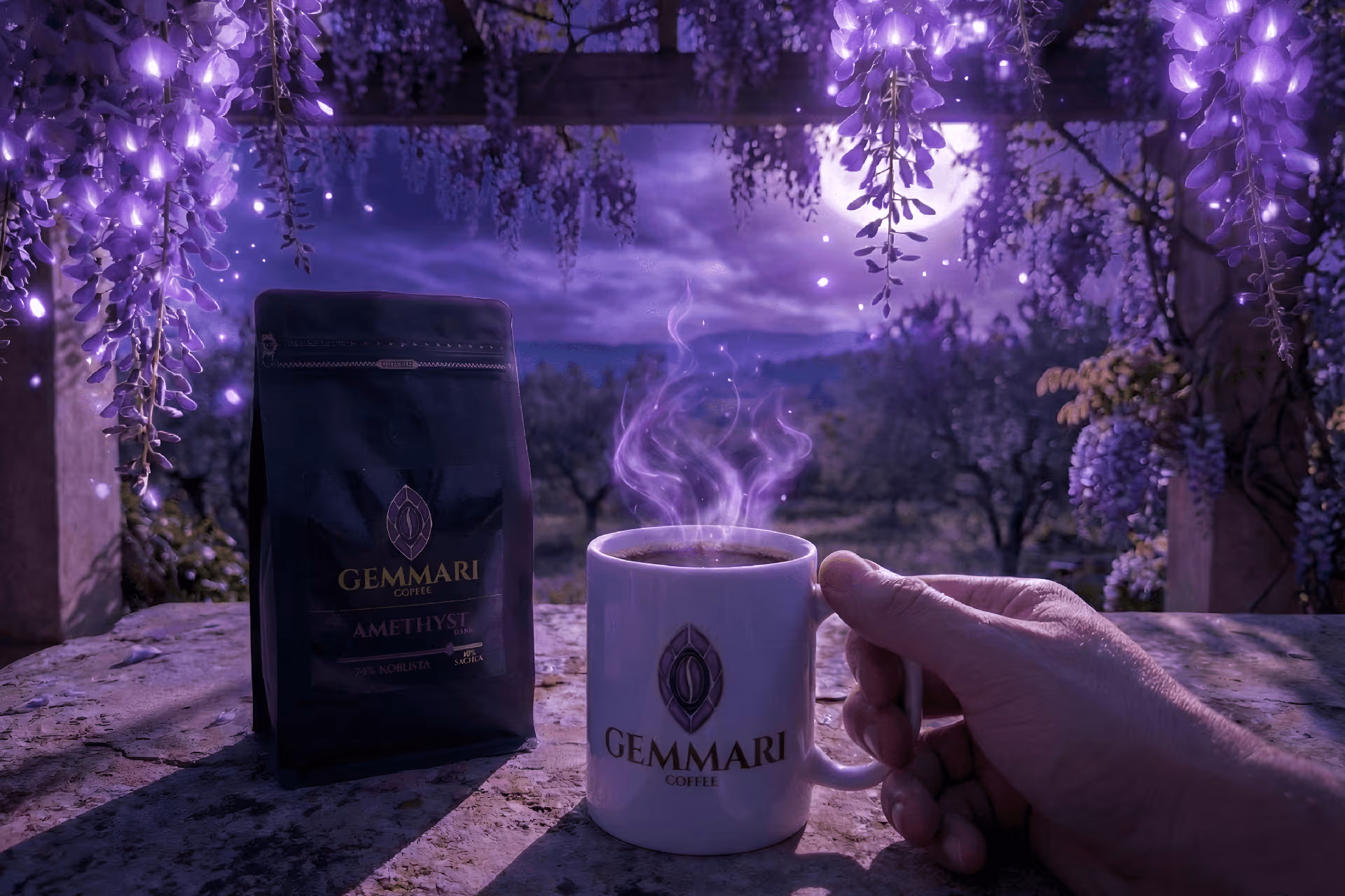 Paquet de café Amethyst Dark dans une ambiance sombre aux reflets violets