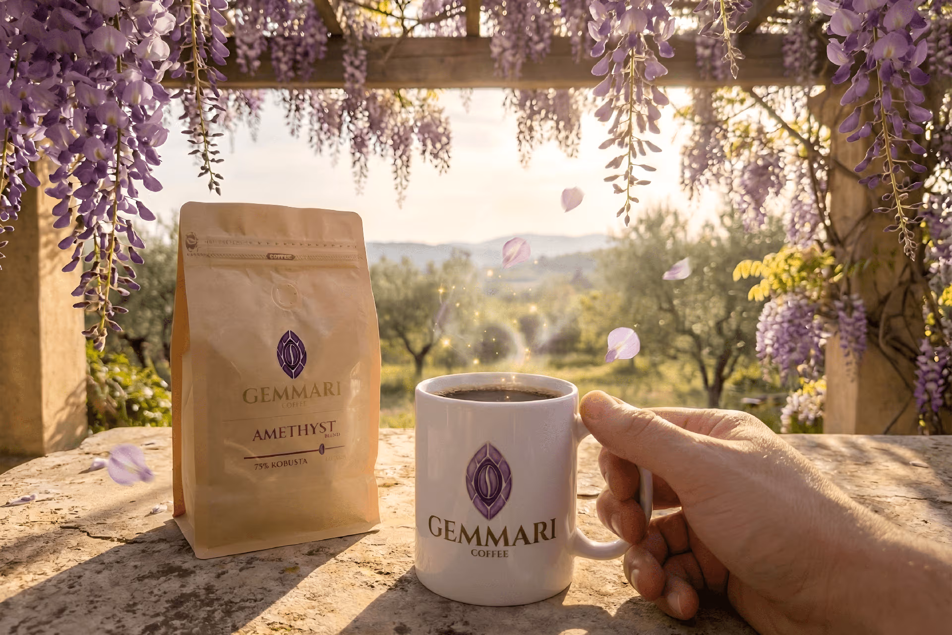 Paquet de café Amethyst Light dans une ambiance claire et végétale