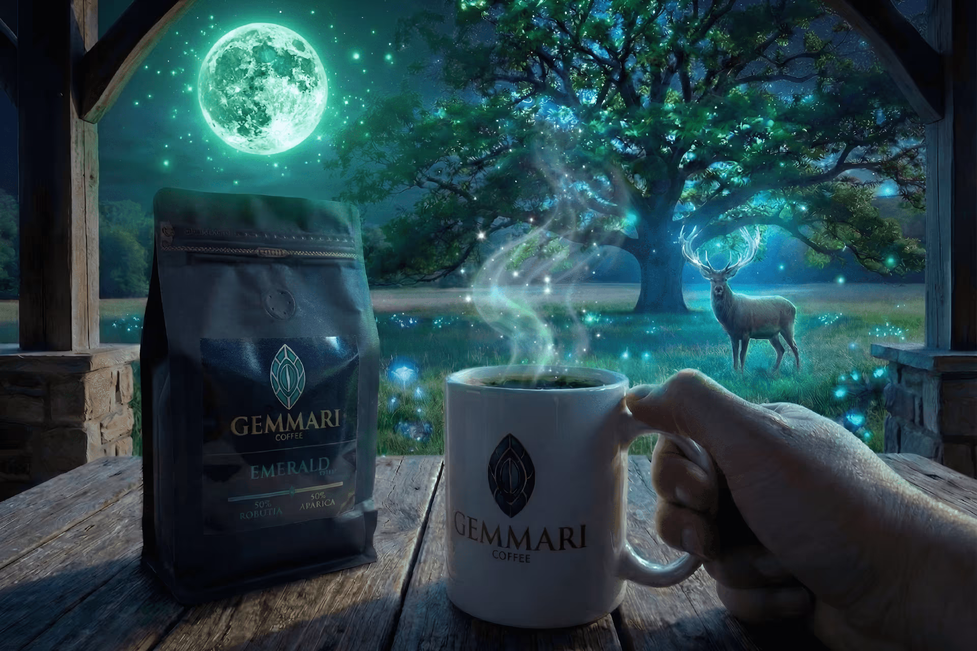 Paquet de café Emerald Dark dans une ambiance forestière aux reflets verts