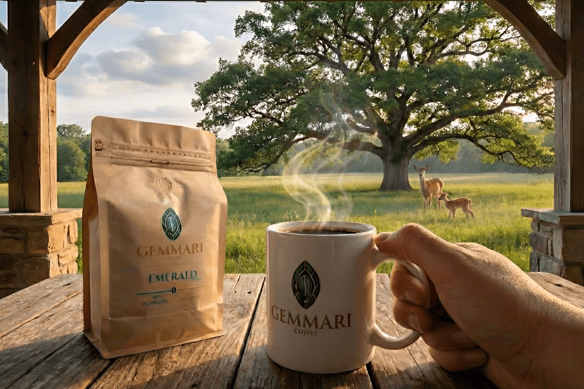 Paquet de café Emerald Light dans un paysage verdoyant