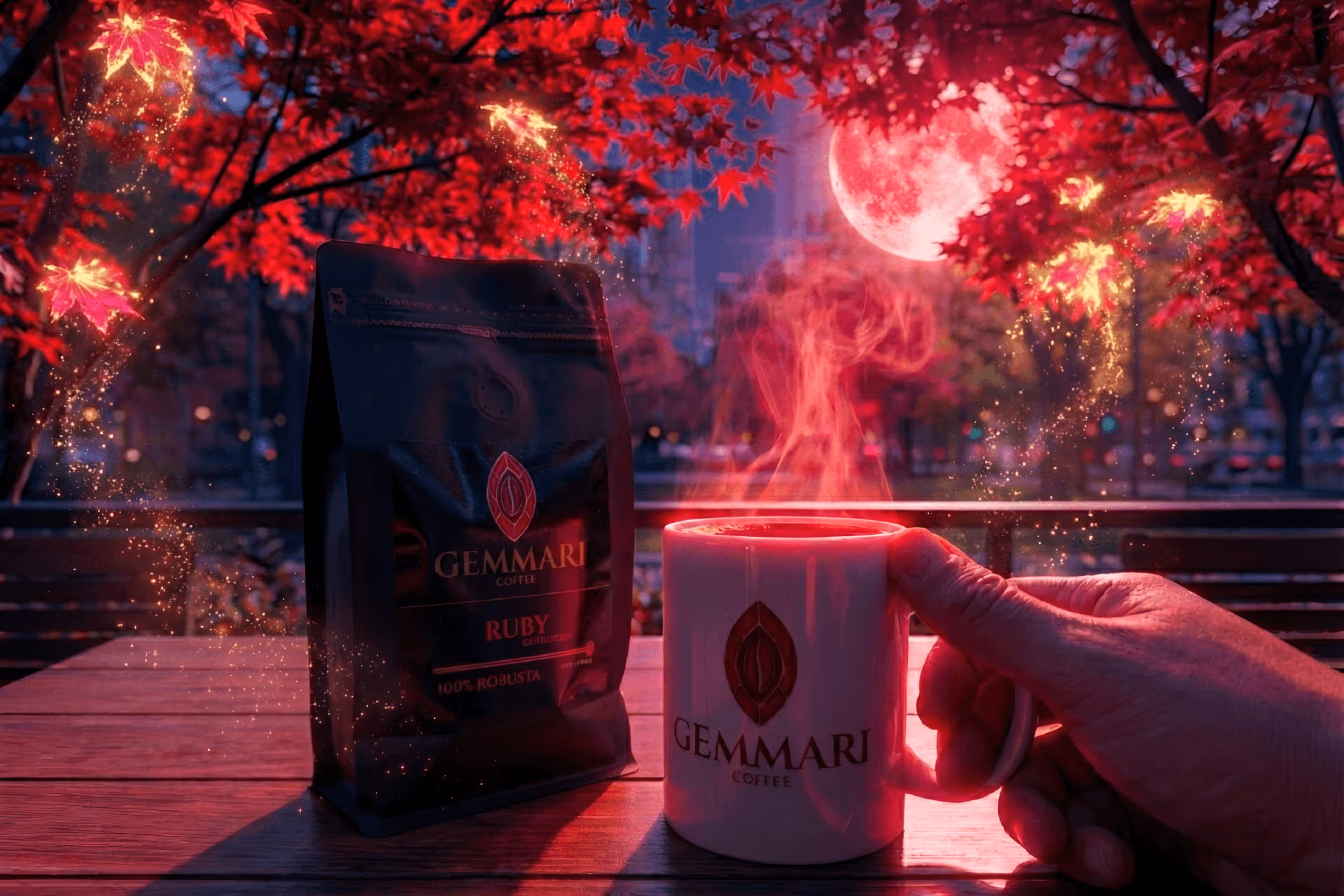 Paquet de café Ruby Dark dans une ambiance intense aux reflets rouges