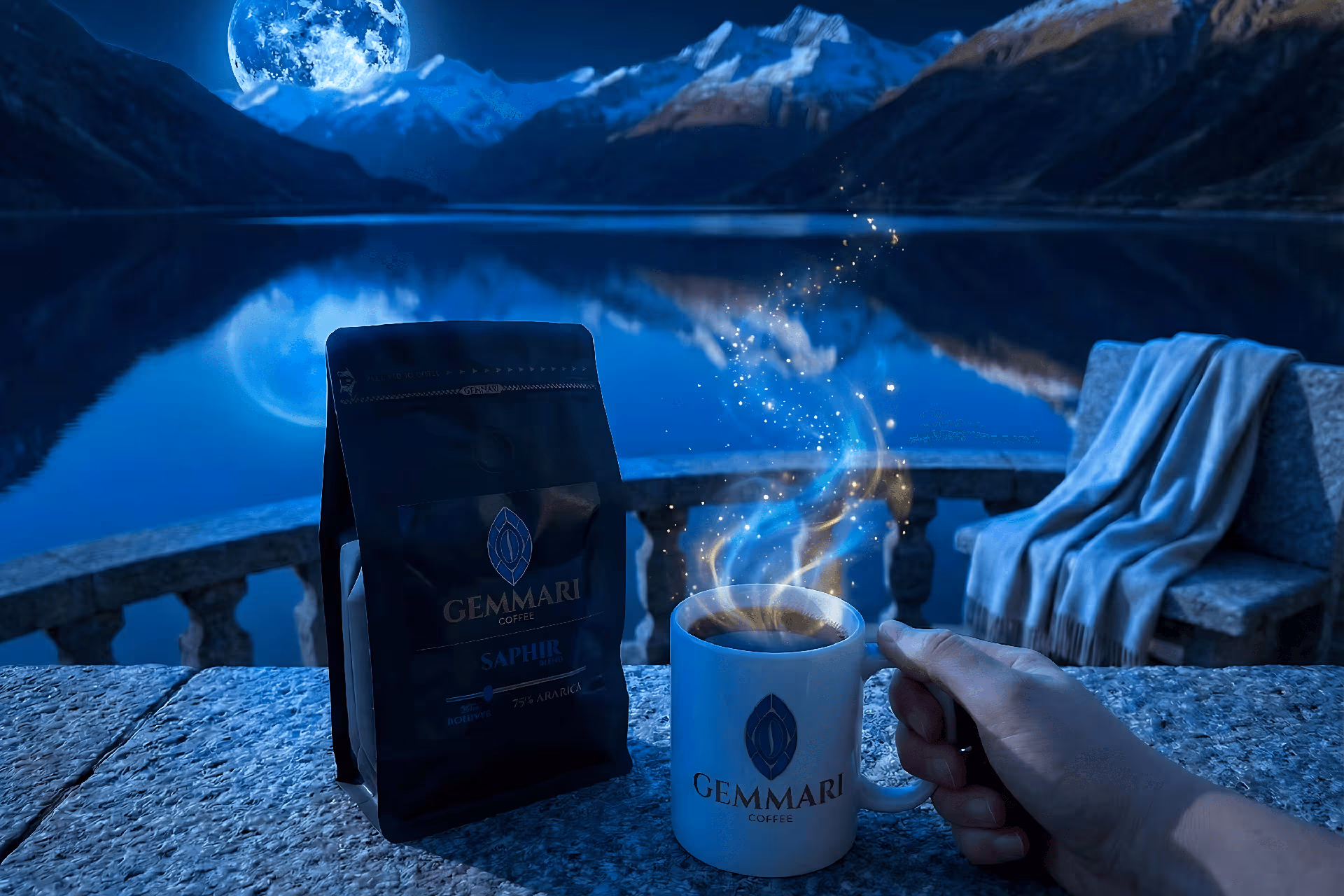 Paquet de café Saphir Dark dans une ambiance nocturne aux reflets bleus