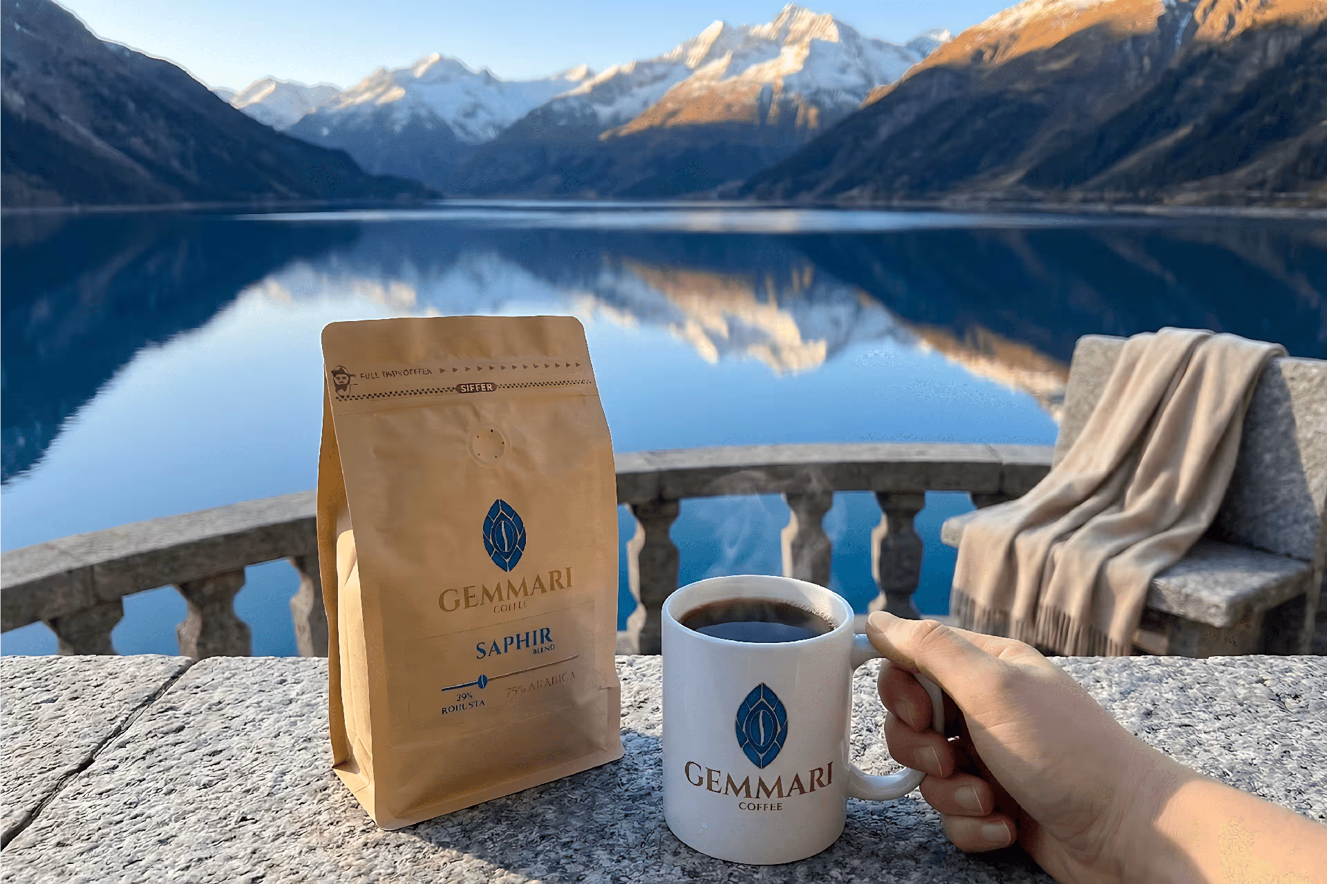 Paquet de café Saphir Light devant un paysage de lac et de montagnes