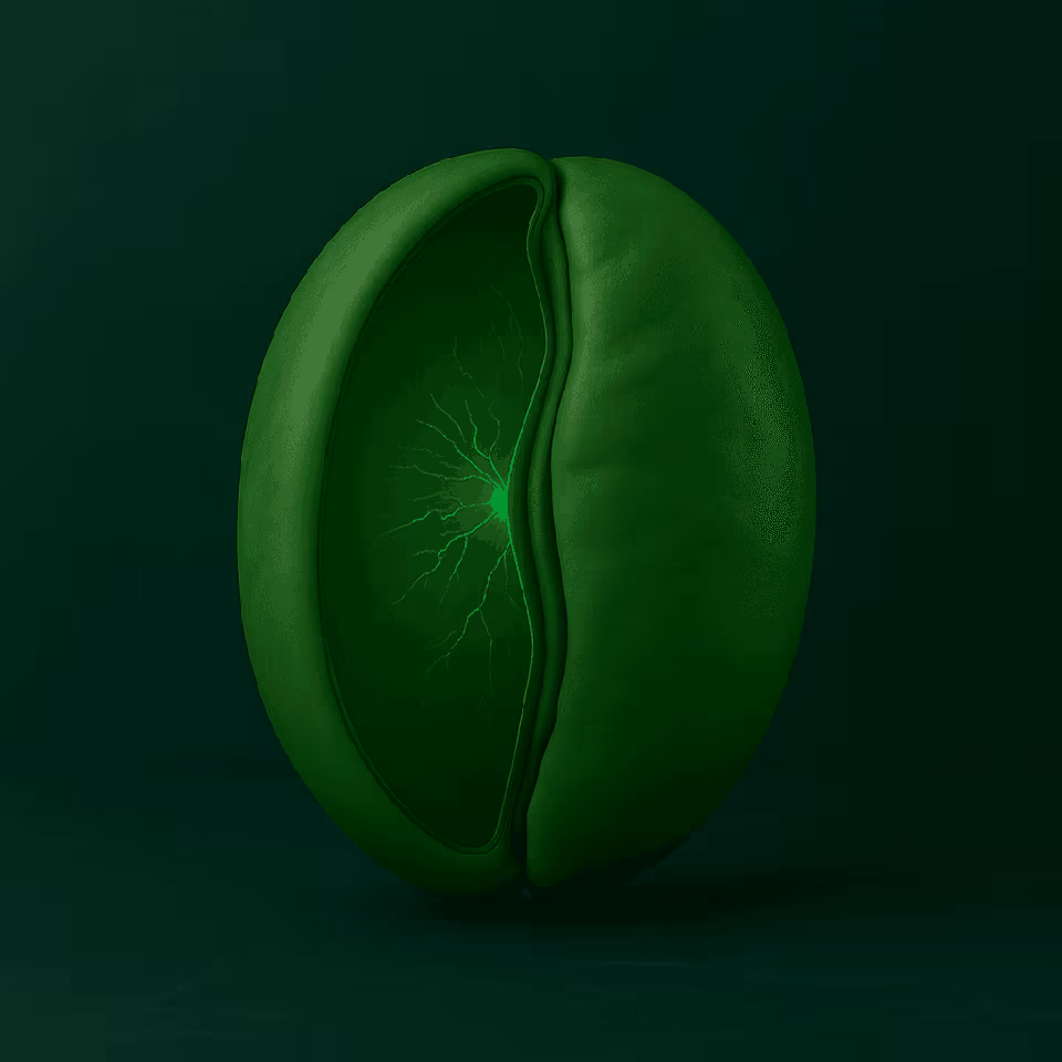 Grain de café vert éclairé sur fond sombre symbolisant l’étape de sculpture Gemmari