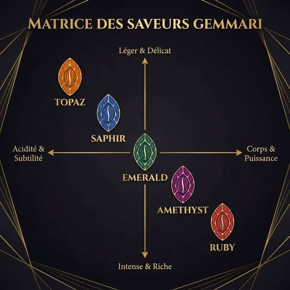 Matrice des saveurs Gemmari présentant Topaz, Saphir, Emerald, Amethyst et Ruby de la finesse à la puissance